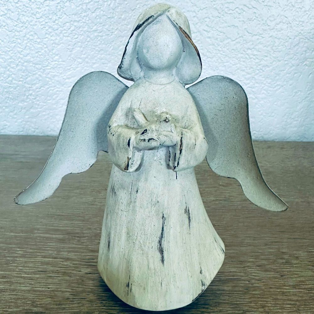 Rustic Wood Angel Metal Wings Dove Bird Decor Figurine